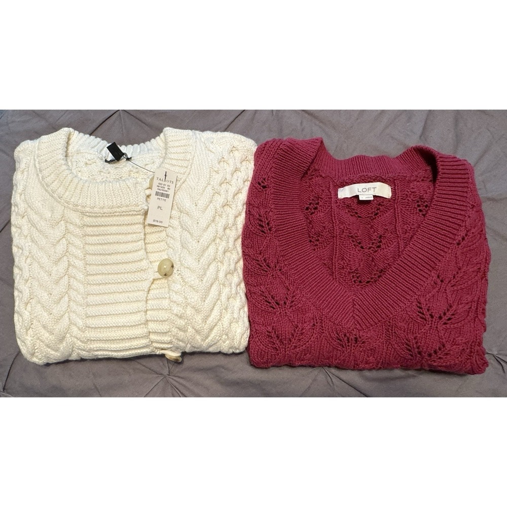 Lot Of 2 Talbots Cable Knit Sweater Vest Cream LP New With Tag & Loft Burgundy L - Picture 1 of 14